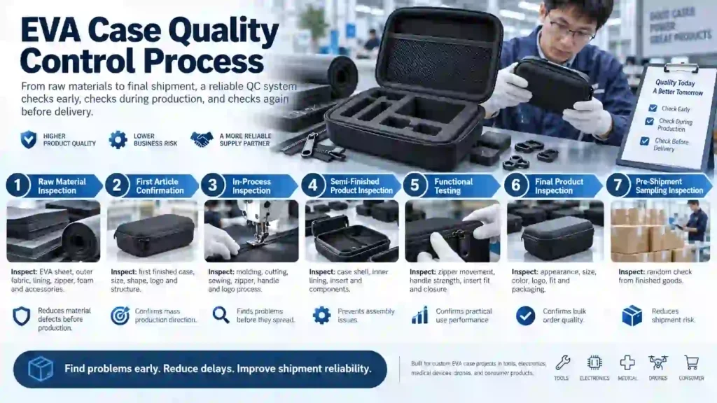7-step EVA case quality control process covering raw material inspection, first article confirmation, in-process checks, functional testing, final inspection, and pre-shipment sampling