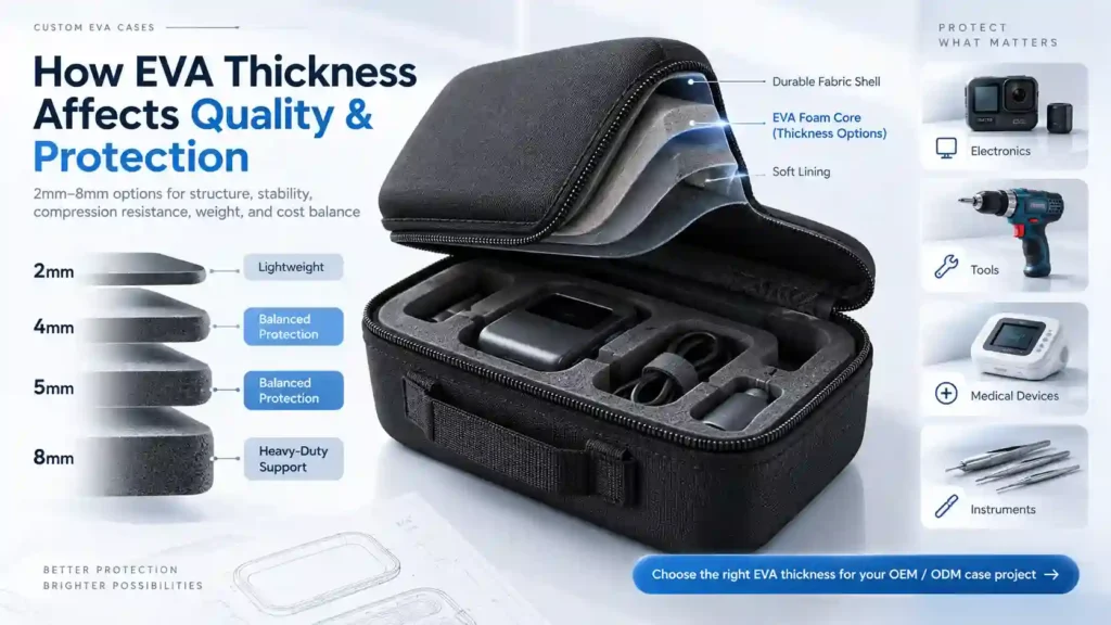 Custom EVA case showing how 2mm to 8mm EVA thickness affects protection, structure, compression resistance, weight, and suitability for different products