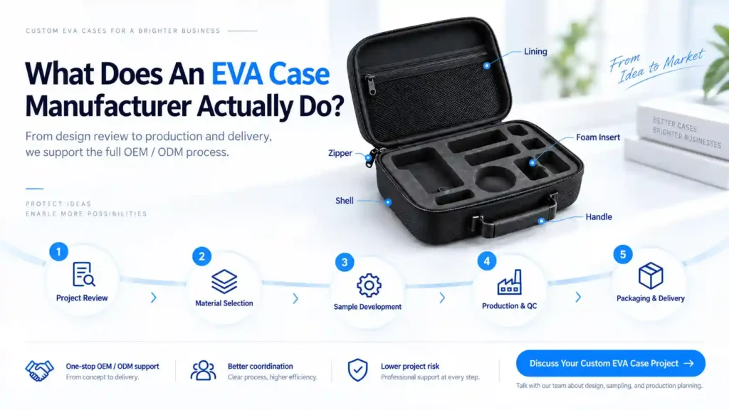 Custom EVA case manufacturer OEM ODM process from project review and material selection to sample development, production, quality control, packaging, and delivery